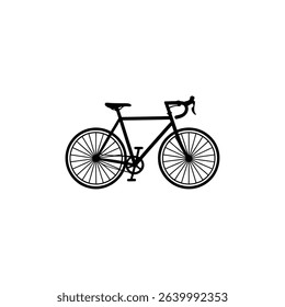 A black and white vector image displays a sleek bicycle profile, featuring drop handlebars, a slim seat, and spoked wheels against a clear background.