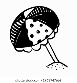 Black and white vector image of a doodle-style sun umbrella. Summer vacation concept.