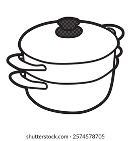 black and white vector image, double stacked pan made of stainless steel facing tilted to the left