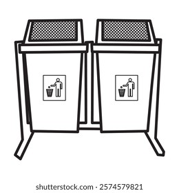 black and white vector image, double trash bin