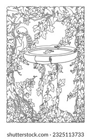 A black and white vector image of a drinking spring in the shape of a bowl,on the edge of which sits an angel,on the base-column against on the backdrop of a wall overgrown with ivy(for coloring book)