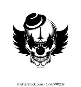 Black and white vector image of an evil clown skull in a hat.