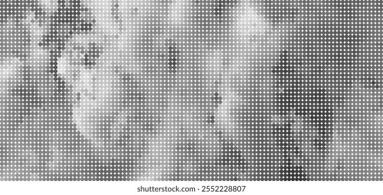 A black and white vector image featuring white clouds in the sky, adorned with a mosaic texture of circles, creating a unique artistic effect.