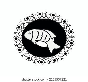 Schwarz-Weiß-Vektorgrafik mit dem Bild eines Fisches in der Mitte eines Kreises. Einfache Designs für Logos, Symbole, Tätowierungen, Symbole, Marken, Buchumschläge und mehr