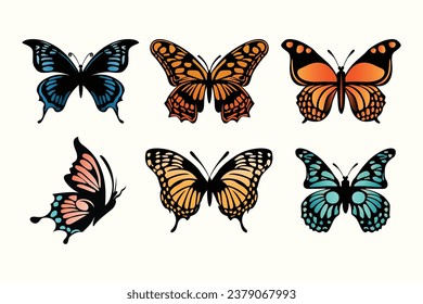 Imagen vectorial en blanco y negro de una silueta de mariposa voladora para tarjetas de tatuaje.