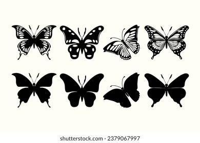 Imagen vectorial en blanco y negro de una silueta de mariposa voladora para tarjetas de tatuaje.