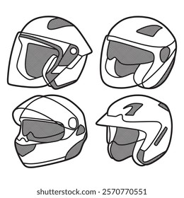 black and white vector image, four motorcycle helmets, head protection