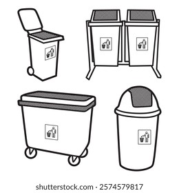 black and white vector image, four trash bins