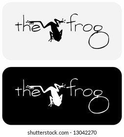 Black and white vector image of frog with playful "label", suitable for use as symbols or in logo design.