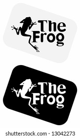 Black and white vector image of frog with playful "label", suitable for use as symbols or in logo design.