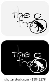 Black and white vector image of frog with playful "label", suitable for use as symbols or in logo design.