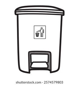 black and white vector image, front view of open trash can tube