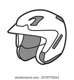 black and white vector image, half face helmet, double visor raised, facing left