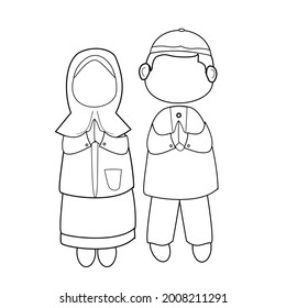 black and white vector image. illustration of a girl and a boy apologizing. This image can be used for Eid greeting cards.