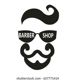 Black and white vector image isolated logo hairdresser Barbershop. Men's head hipster mustache with a beard on a round background with the inscription