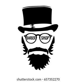 Black and white vector image isolated logo hairdresser Barbershop. Men's head hipster mustache with a beard on a round background with the inscription