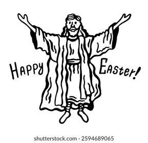 
Black and white vector image of Jesus Christ, with the caption "Happy Easter!", on a white isolated background