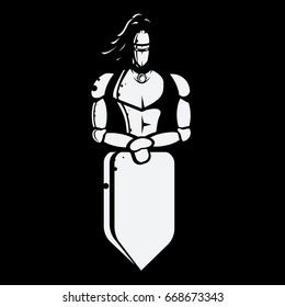 Black and white vector image of knight with shield