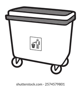 black and white vector image, large trash bin with wheels