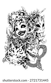 Imagem vetorial em preto e branco de uma cara risonha do diabo