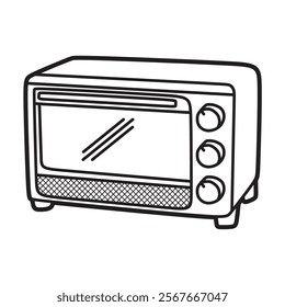 black and white vector image, line art, kitchen utensils, simple microwave