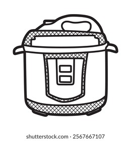 black and white vector image, line art, kitchen utensils, large-handled rice cooker