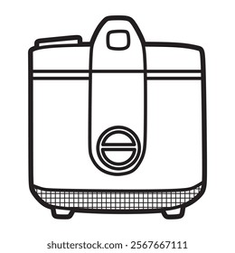 black and white vector image, line art, kitchen utensils, simple rice cooker