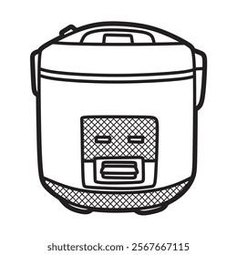 black and white vector image, line art, kitchen utensils, plain rice cooker