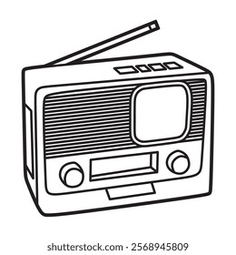 black and white vector image, line art, old radio with many buttons