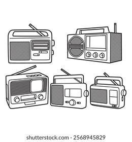 black and white vector image, line art, five old radios