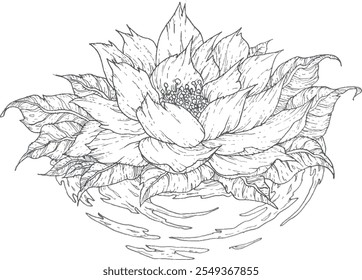 Black and white vector image of a lotus flower with splashes of water