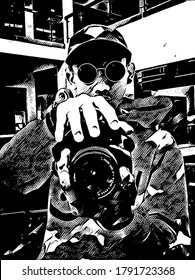 black and white vector image of a man with glasses holding up the camera. pose of taking a photo.