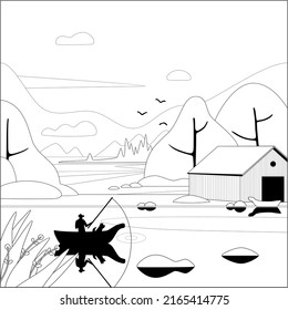 Black and white vector image of a man fishing with a dog in a boat