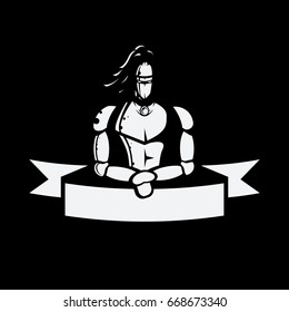 Black and white vector image medieval knight above the ribbon