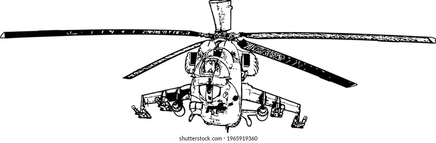 Black and white vector image of a military helicopter with combat machine guns and grenade launchers