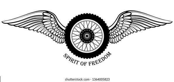 Black and white vector image of a motorcycle wheel with wings. Image on white background.