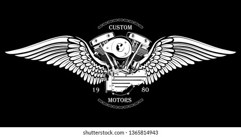 Black and white vector image of a motorcycle engine with wings. Image on black background.