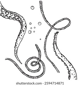 Black and white vector image of octopus tentacles and two wriggling ropes