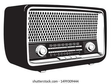 Black and white vector image of an old radio receiver of the last century in retro style. Isometric illustration of an old-fashioned radio isolated on white background. Retro music