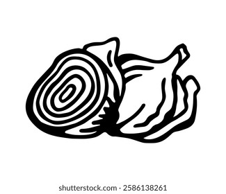 Black and white vector image of onion, next to the whole is placed a cut one. On a white isolated background