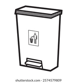 black and white vector image, open trash can tilted to the left