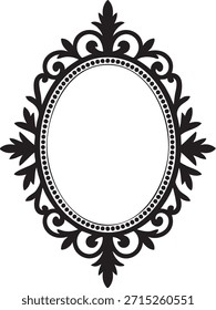 A black and white vector image of an ornate oval frame perfect for photos or text with decorative swirling accents and floral details for vintage look