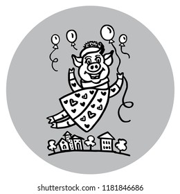 Black and white vector image. The pig flying over the houses. Balloons. Happy New Year 2019 year of the pig.