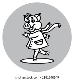 Black and white vector image. Pig in a coat on a roller, ice skating rink. Happy New Year 2019 year of the pig.