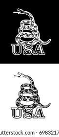 Black and white vector image of rattlesnake with curled rings with US inscription