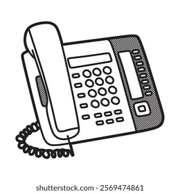 black and white vector image, regular corded telephone