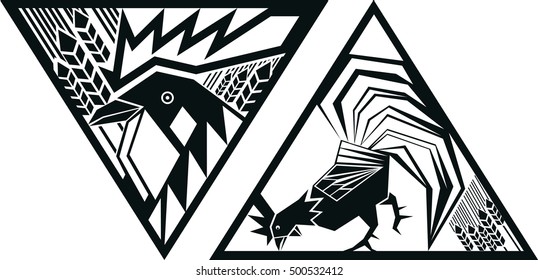 Black and white vector image of rooster in triangle