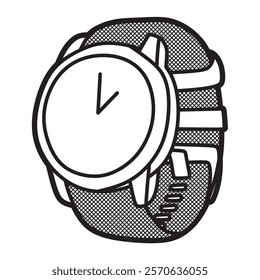 black and white vector image, rubber strap round analog watch facing left