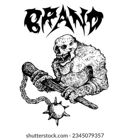 black and white vector image of a scary monster, with a weapon in his hand. very suitable for the purposes of metal music merchandise.