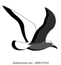 Black and white vector image of a seagull on a white background.